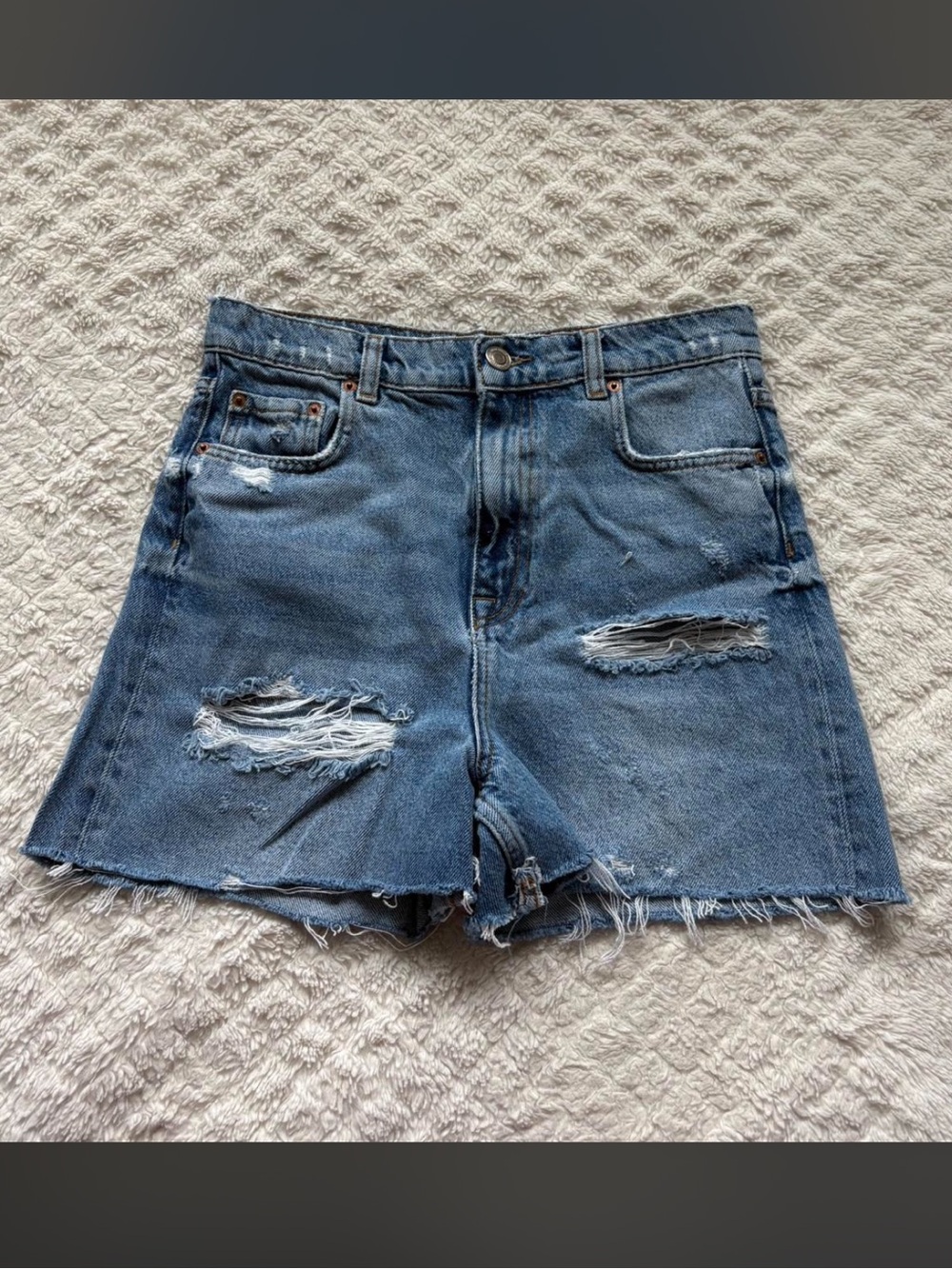 Zara Distressed Medium Blue Denim Jean Shorts